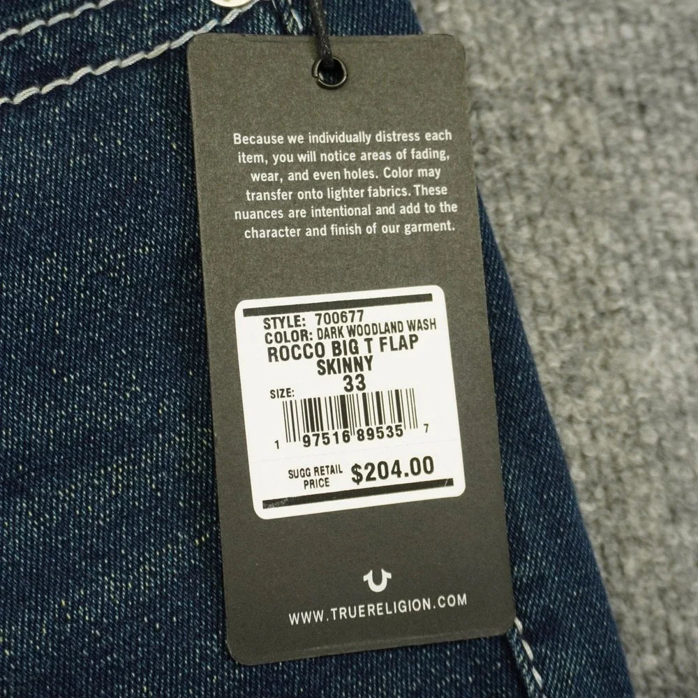 NEW True Religion Rocco Big T Flap Jeans Mens 33x32 Blue Dark Wash Skinny